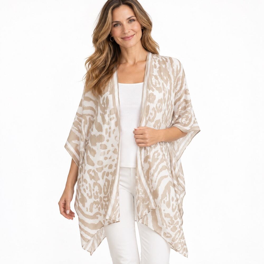Chico’s Beige Ivory Animal Print Lightweight Open Front Kimono Cardigan